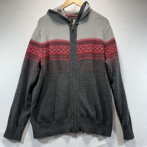 Banana Republic Wool Blend Zip Hoodie Sweater Mens XL Gray Red Fair Isle Knit